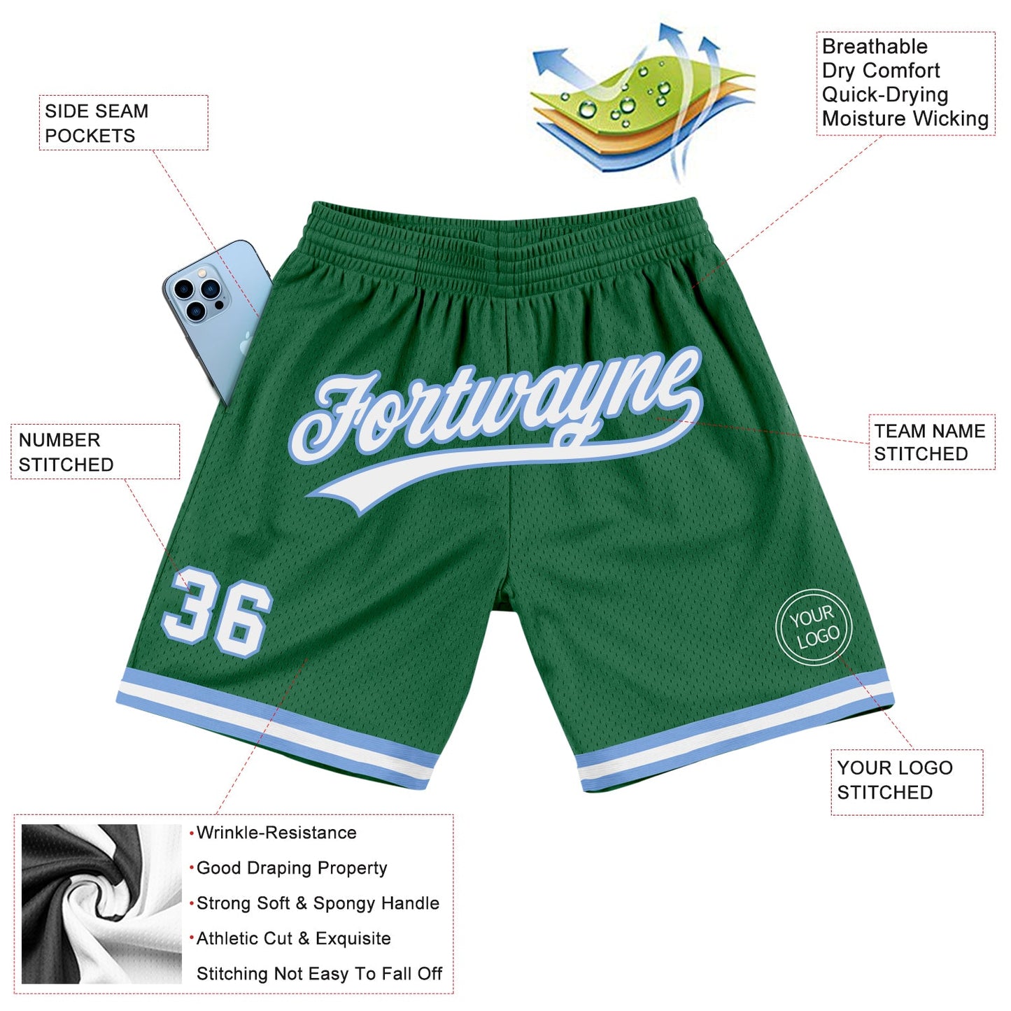 Custom Kelly Green White-Light Blue Authentic Throwback Basketball Shorts view 2