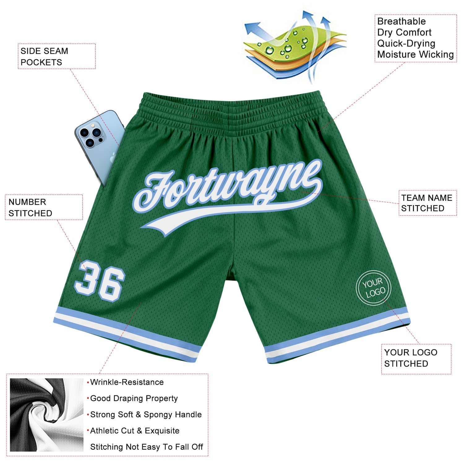 Custom Kelly Green White-Light Blue Authentic Throwback Basketball Shorts view 2