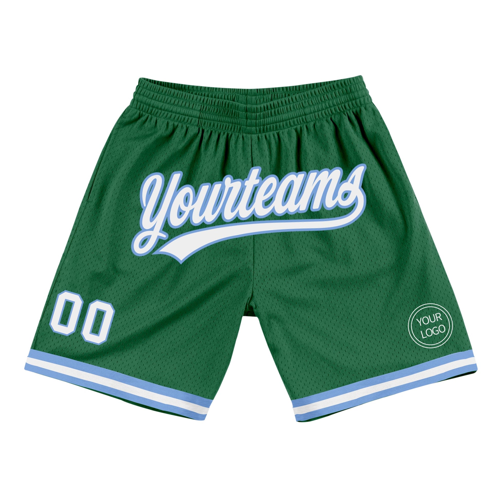 Custom Kelly Green White-Light Blue Authentic Throwback Basketball Shorts - Main View