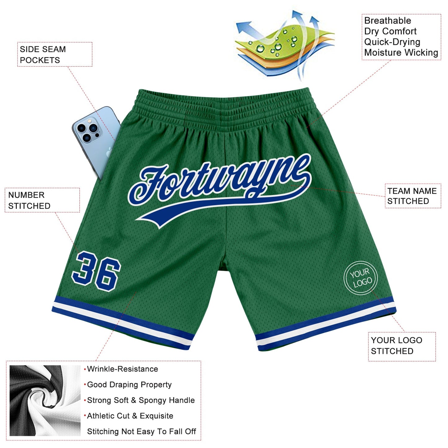 Custom Kelly Green Royal-White Authentic Throwback Basketball Shorts view 2