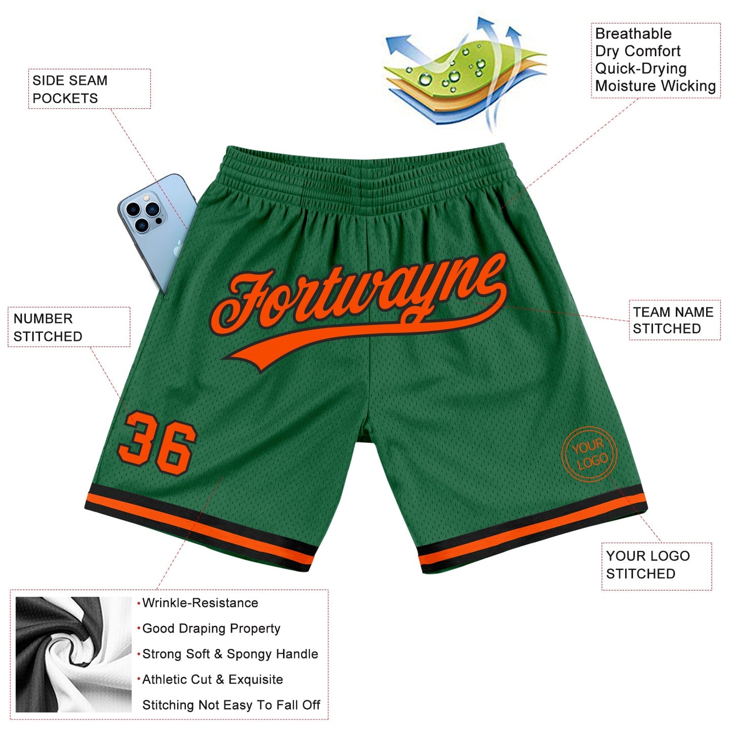 Custom Kelly Green Orange-Black Authentic Throwback Basketball Shorts view 2