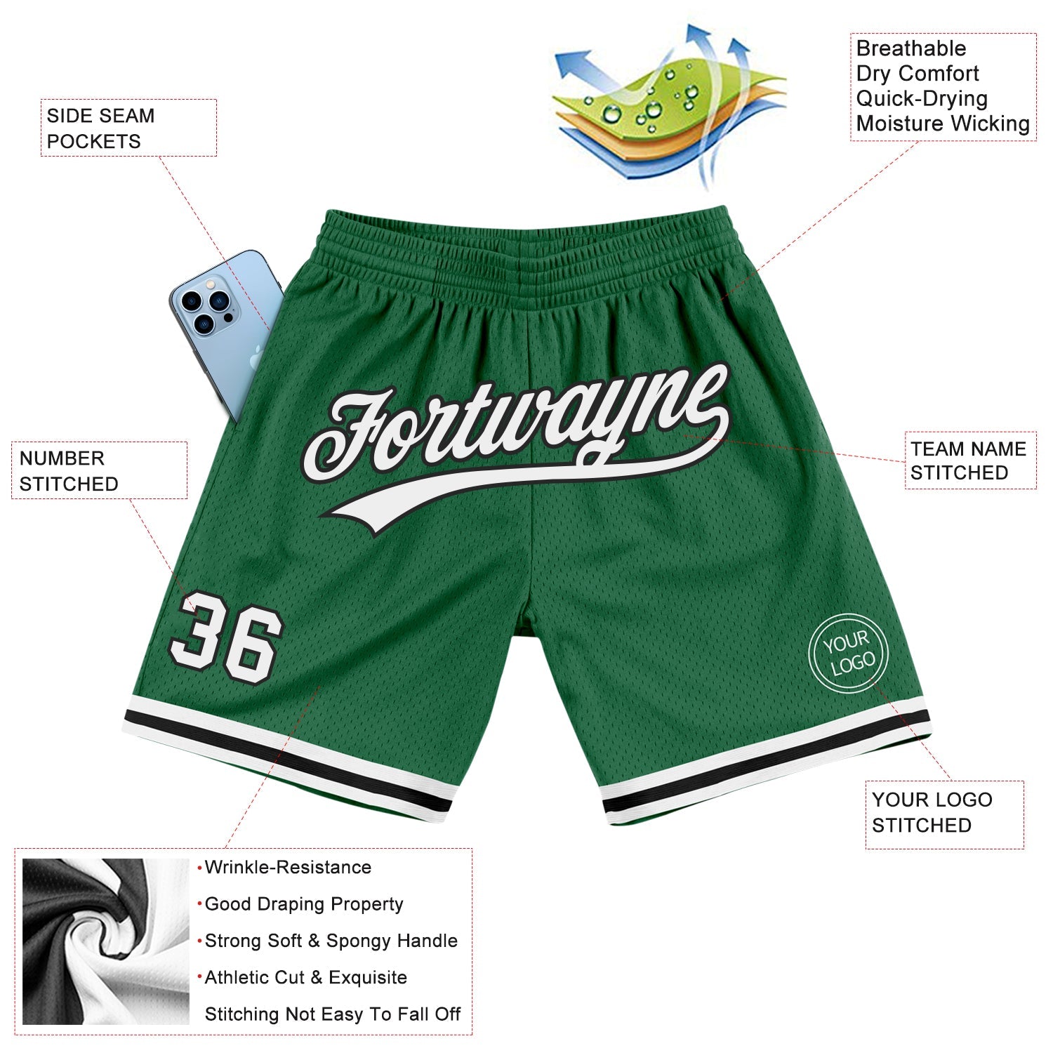 Custom Kelly Green White-Black Authentic Throwback Basketball Shorts view 2