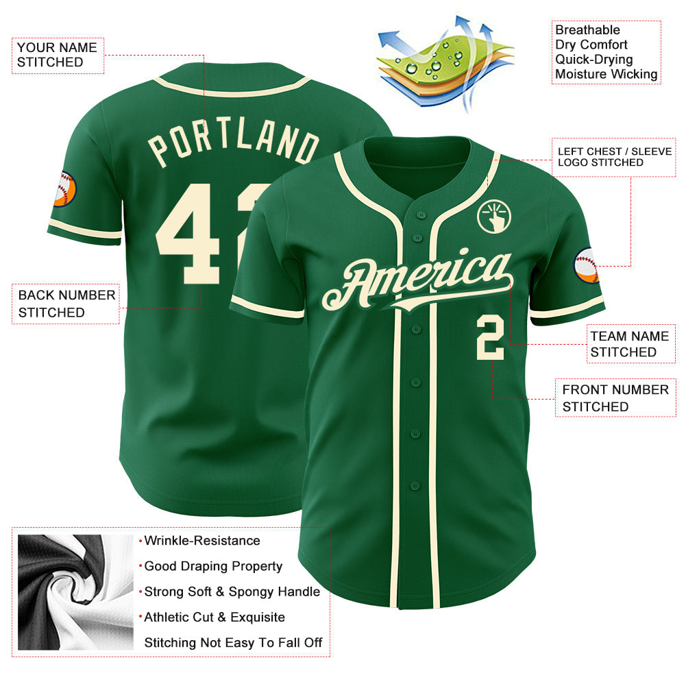 Custom Kelly Green Cream Authentic Baseball Jersey view 3