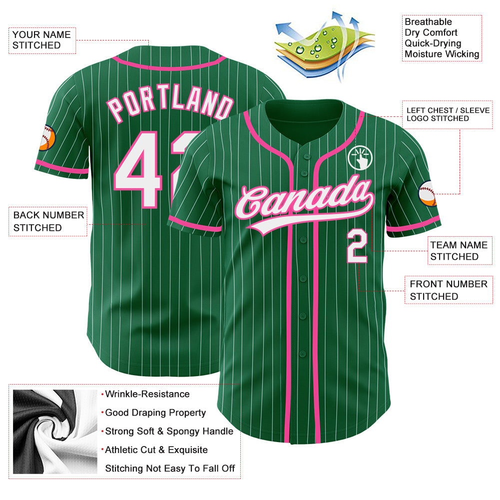 Custom Kelly Green White Pinstripe Pink Authentic Baseball Jersey view 3