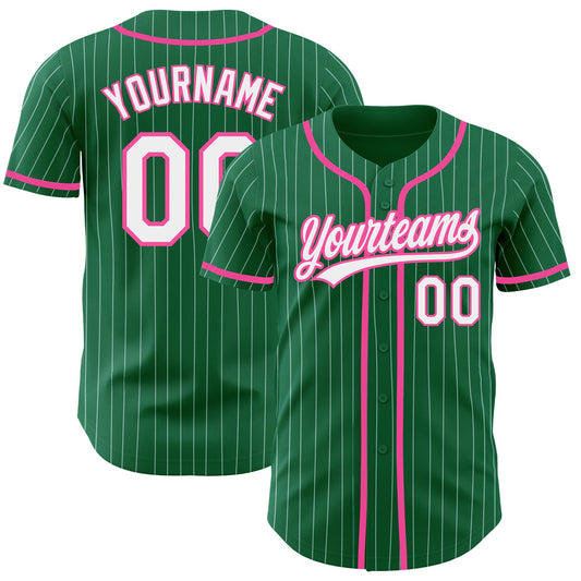 Custom Kelly Green White Pinstripe Pink Authentic Baseball Jersey - Main View