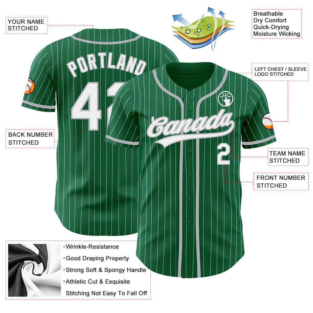 Custom Kelly Green White Pinstripe Gray Authentic Baseball Jersey view 3