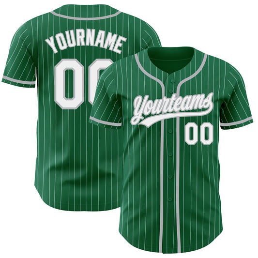 Custom Kelly Green White Pinstripe Gray Authentic Baseball Jersey - Main View