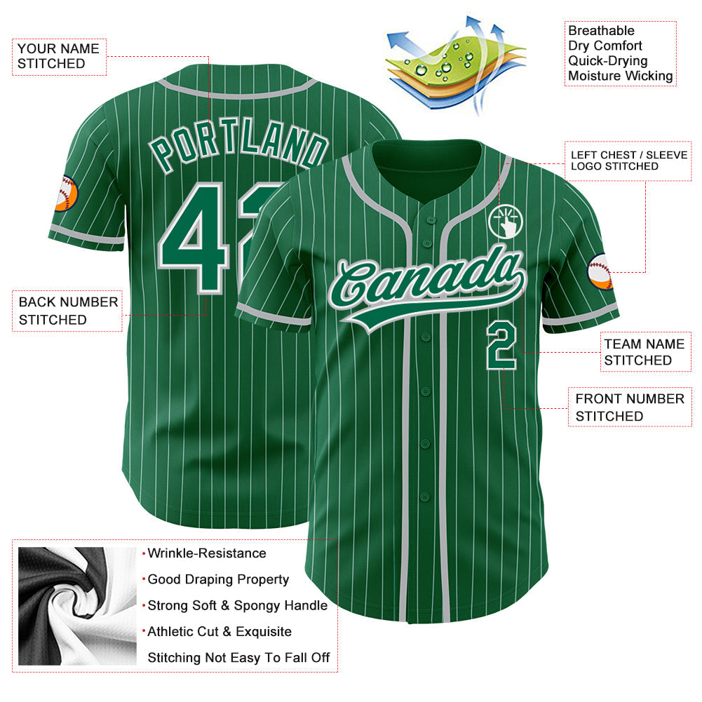 Custom Kelly Green White Pinstripe Gray Authentic Baseball Jersey view 3