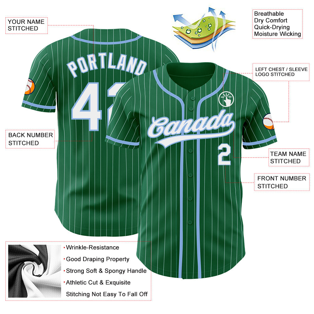 Custom Kelly Green White Pinstripe Light Blue Authentic Baseball Jersey view 3