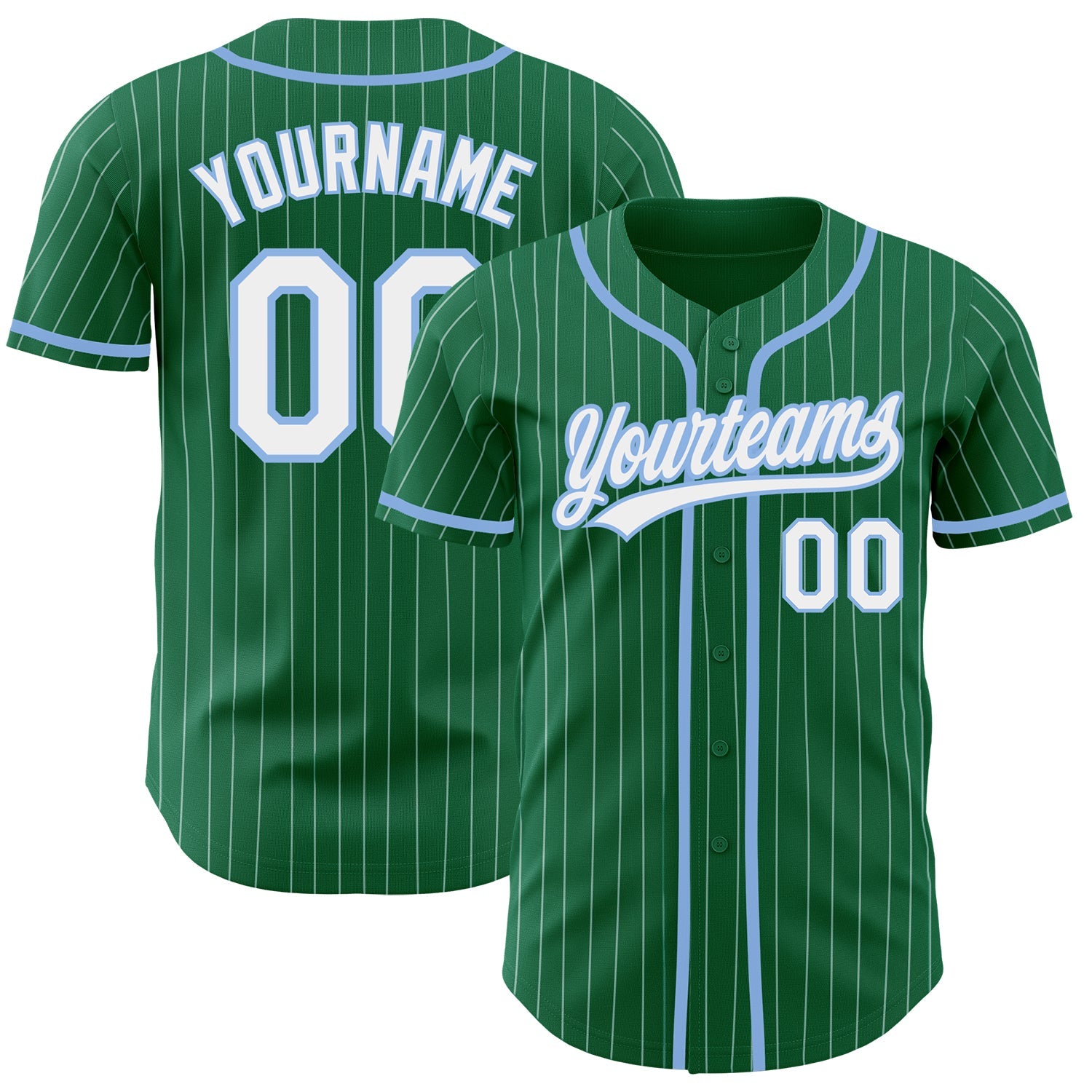 Custom Kelly Green White Pinstripe Light Blue Authentic Baseball Jersey - Main View
