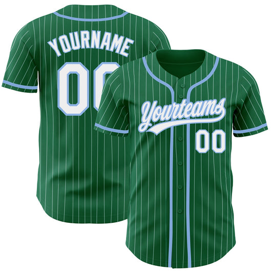 Custom Kelly Green White Pinstripe Light Blue Authentic Baseball Jersey - Main View