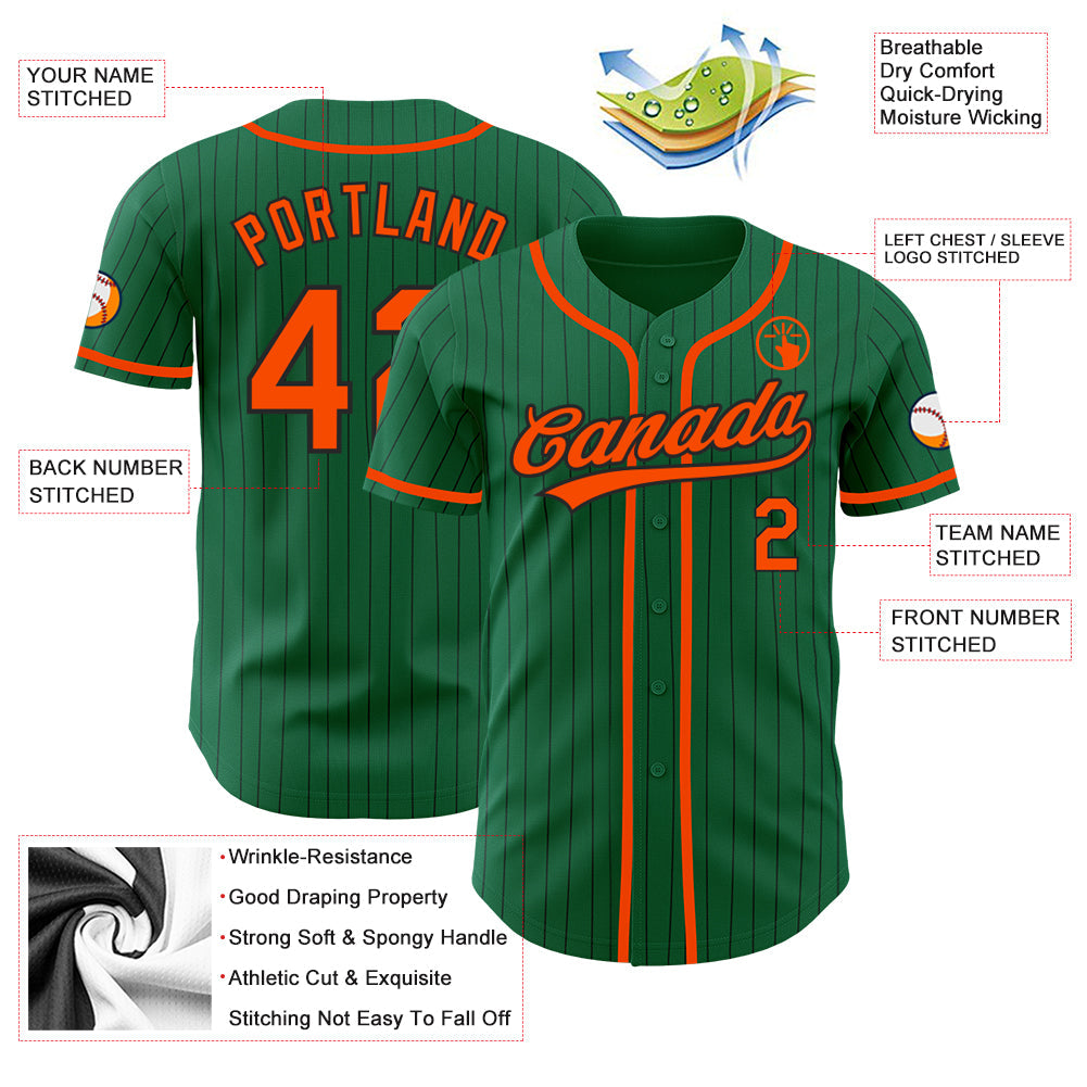 Custom Kelly Green Black Pinstripe Orange Authentic Baseball Jersey view 3