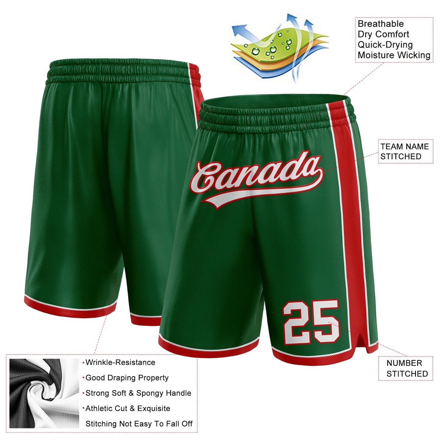 Custom Kelly Green White-Red Authentic Basketball Shorts view 2