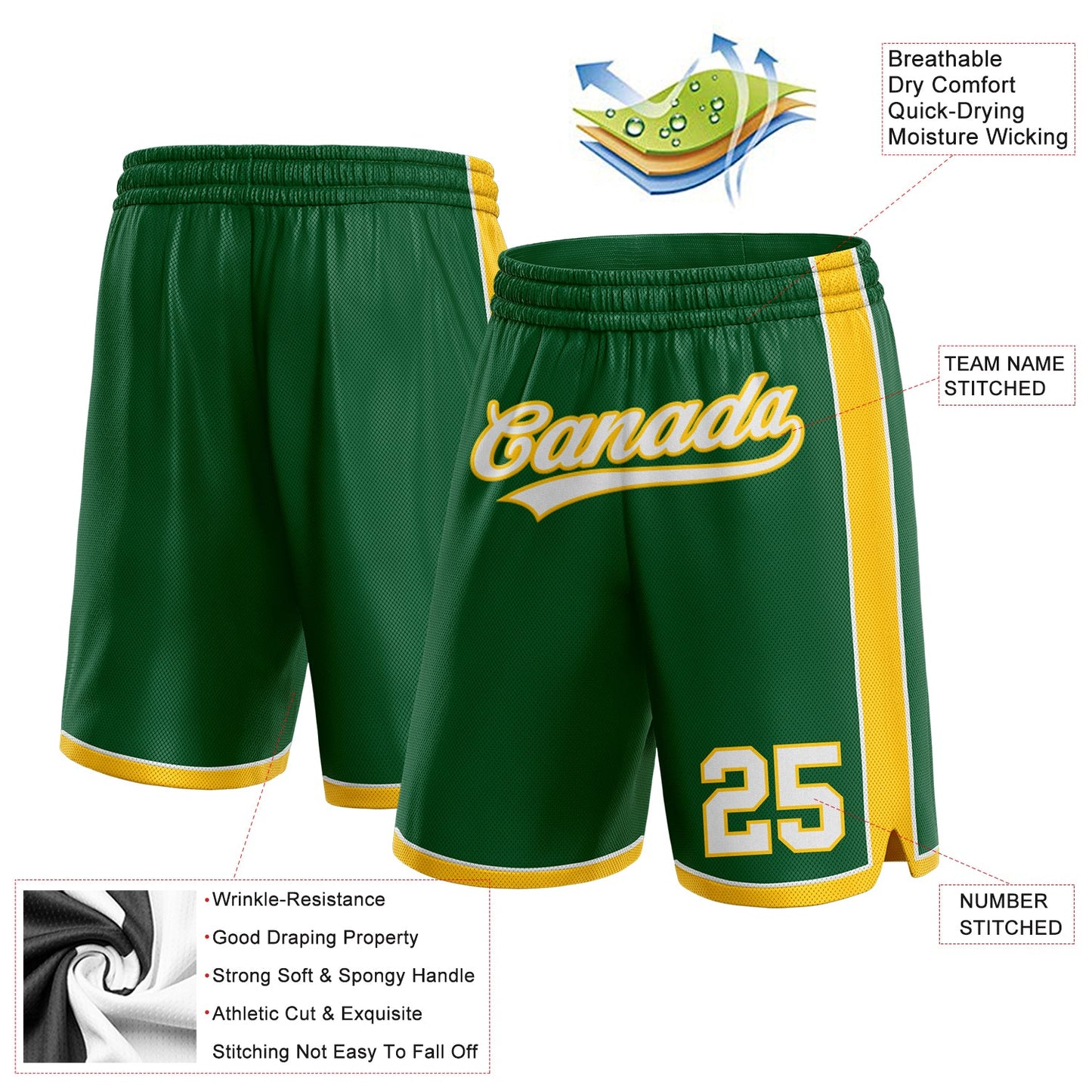 Custom Kelly Green White-Yellow Authentic Basketball Shorts view 2