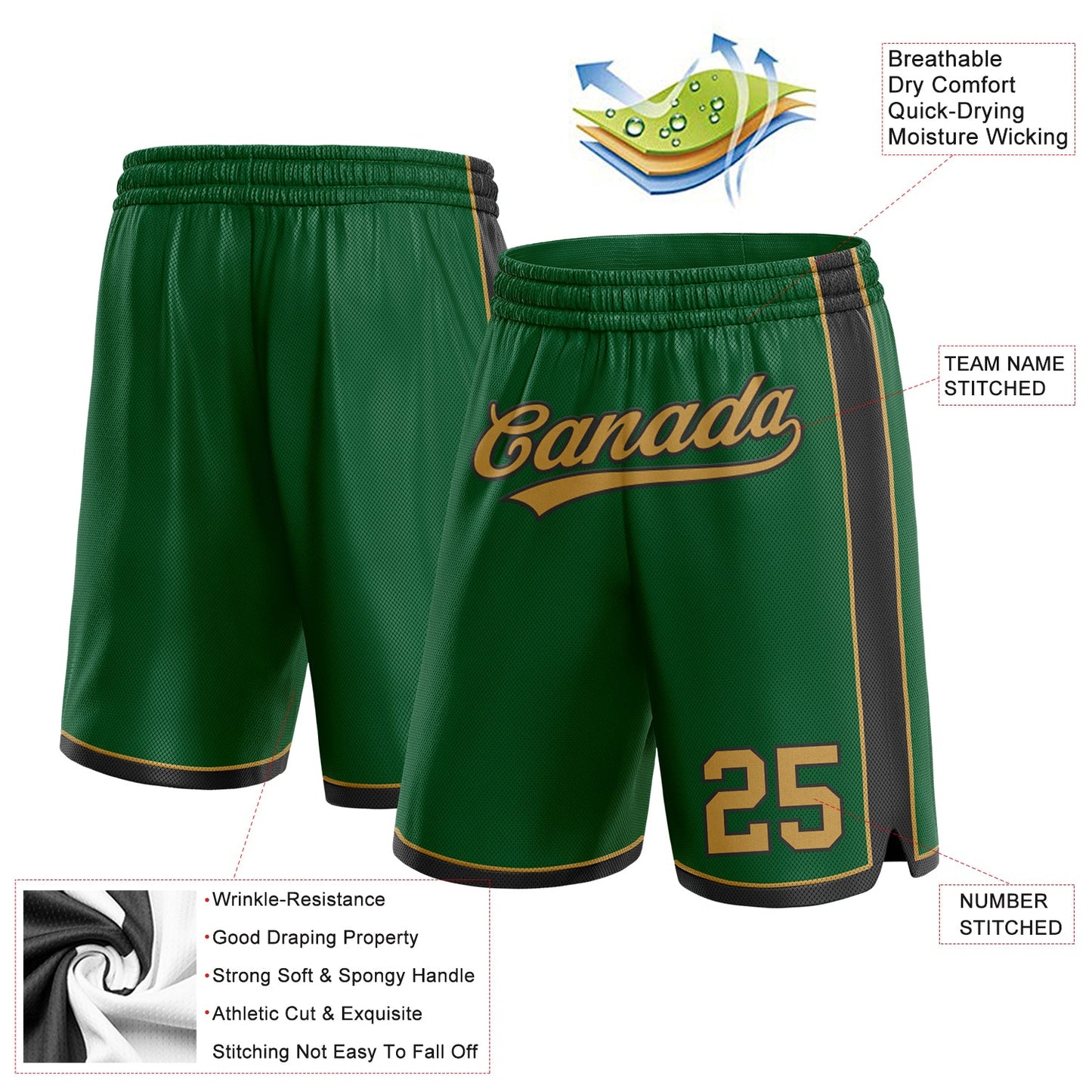 Custom Kelly Green Old Gold-Black Authentic Basketball Shorts view 2