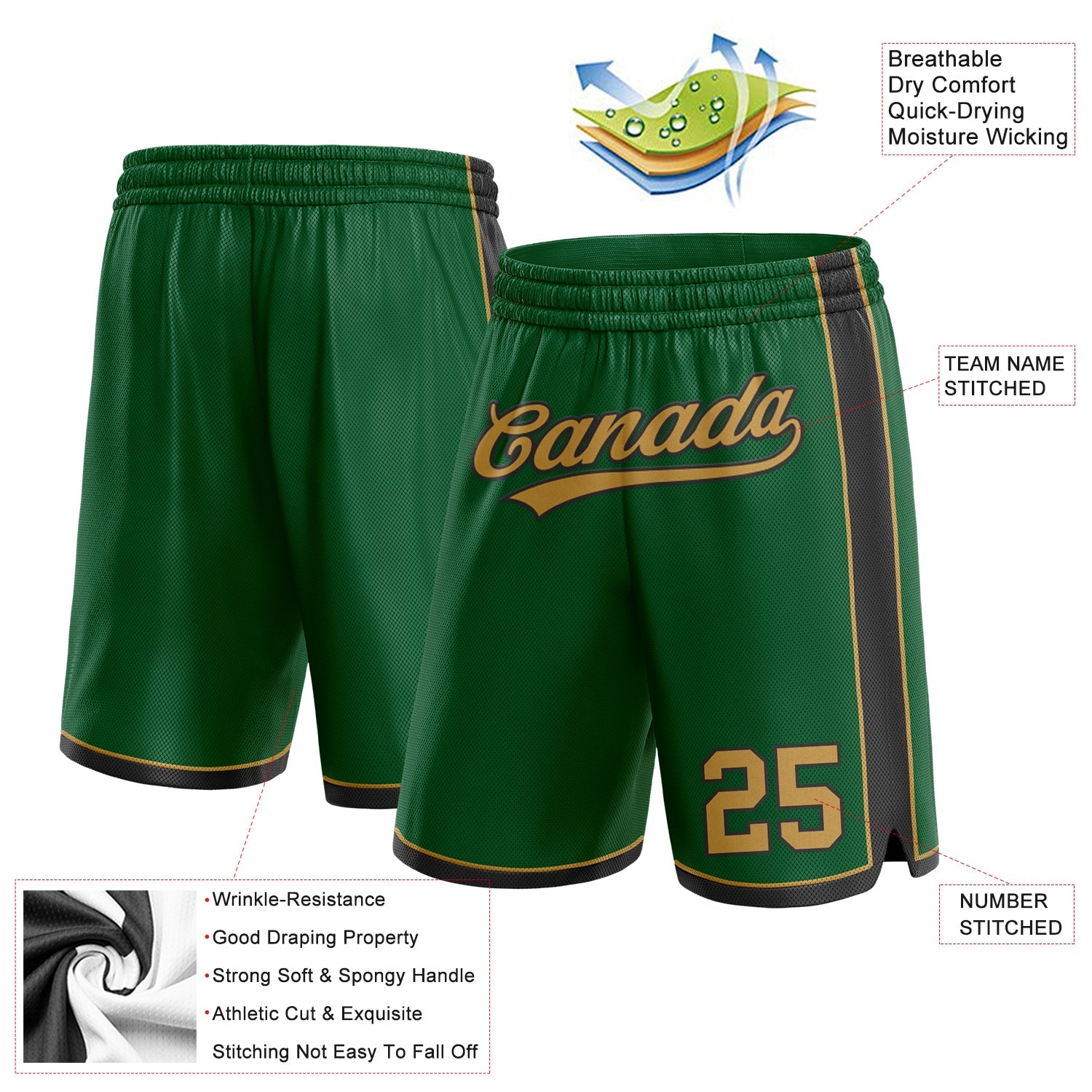 Custom Kelly Green Old Gold-Black Authentic Basketball Shorts view 2