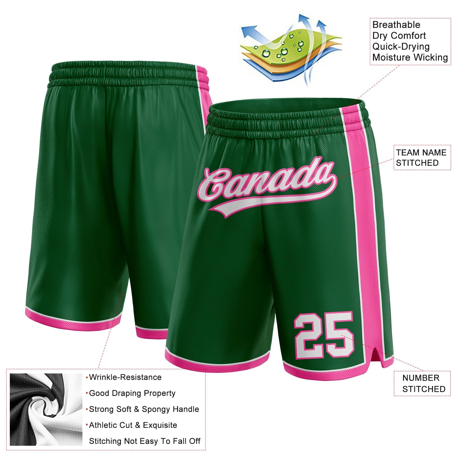 Custom Kelly Green White-Pink Authentic Basketball Shorts view 2