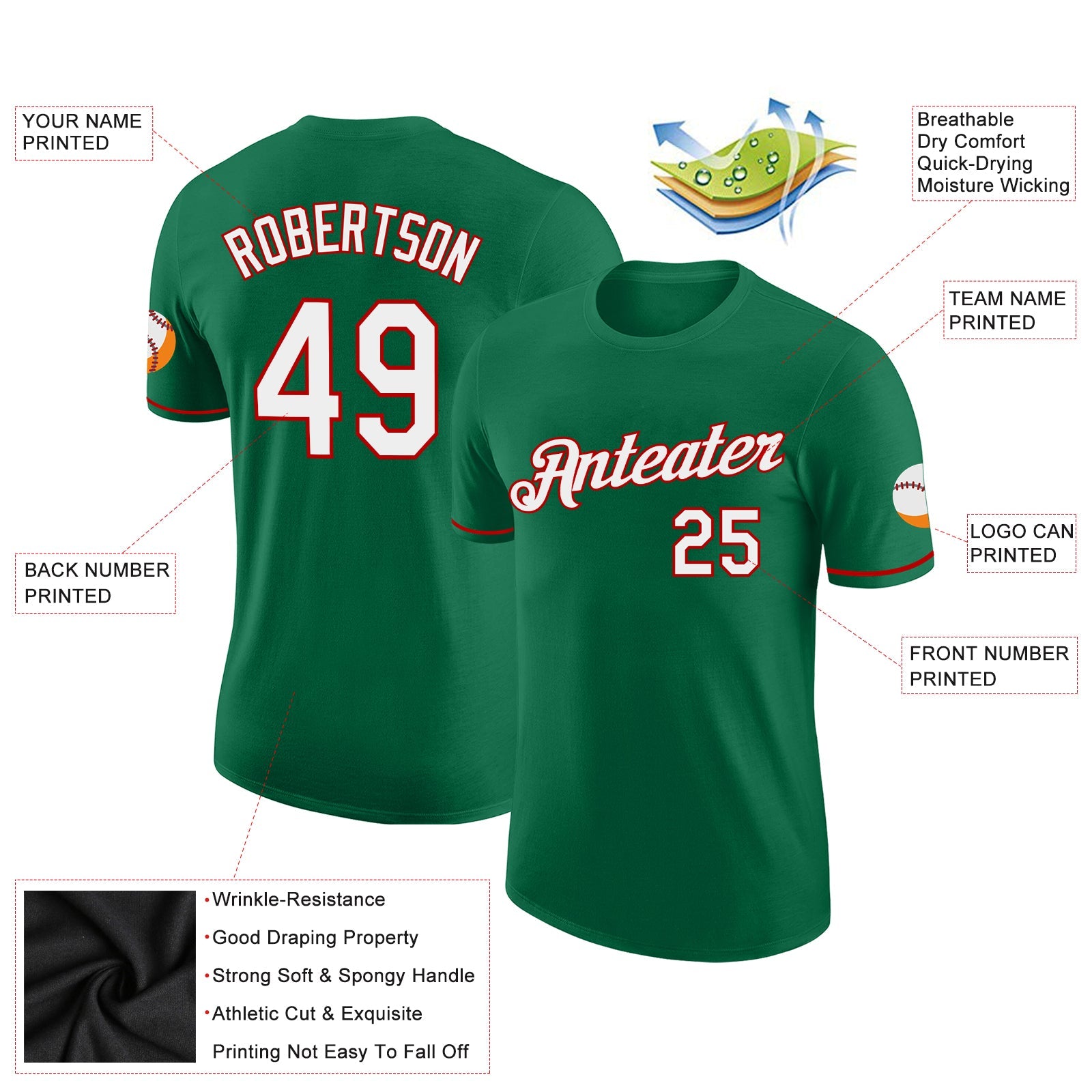 Custom Kelly Green White-Red Performance T-Shirt view 2