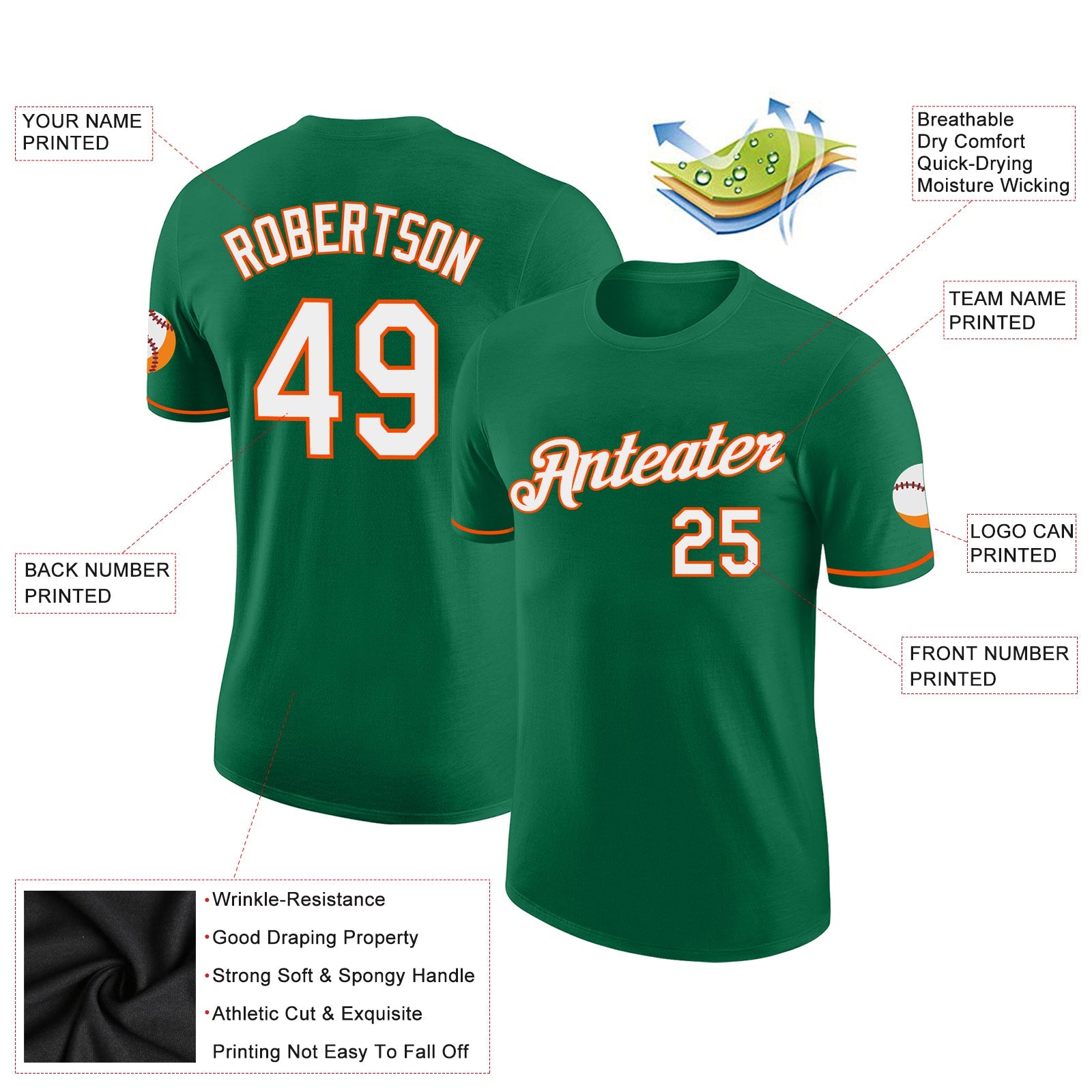 Custom Kelly Green White-Orange Performance T-Shirt view 2