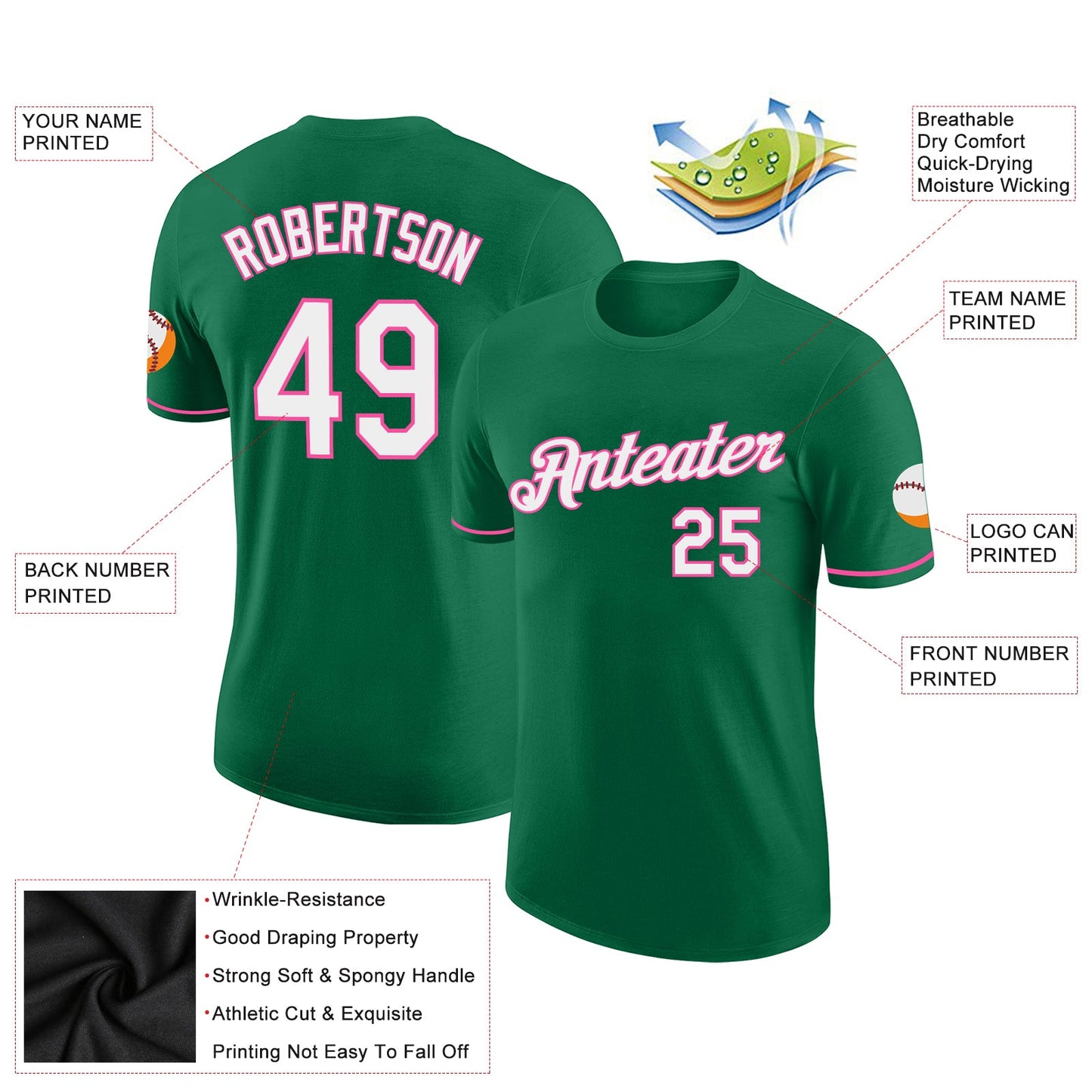 Custom Kelly Green White-Pink Performance T-Shirt view 2