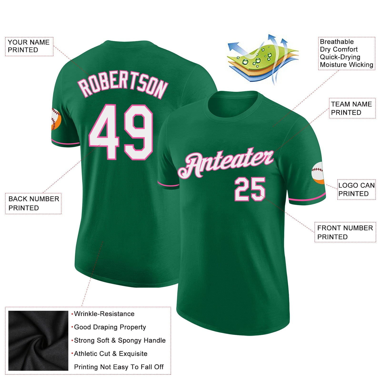 Custom Kelly Green White-Pink Performance T-Shirt view 2
