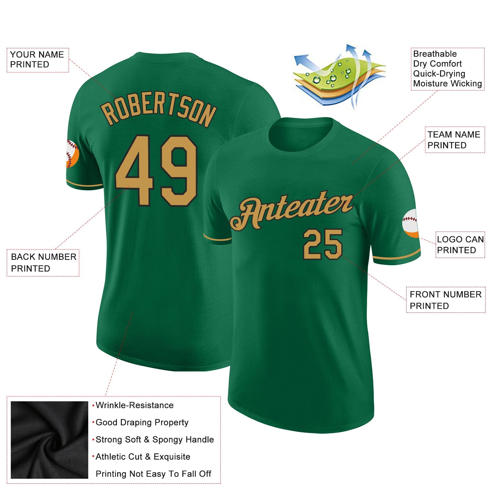 Custom Kelly Green Old Gold-Black Performance T-Shirt view 2