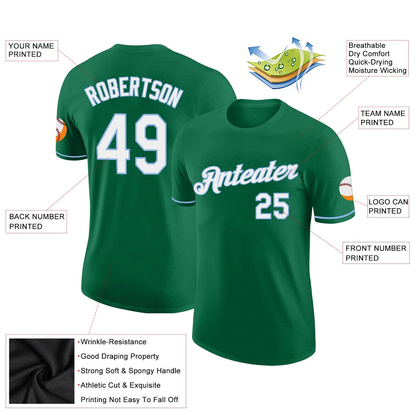 Custom Kelly Green White-Light Blue Performance T-Shirt view 2