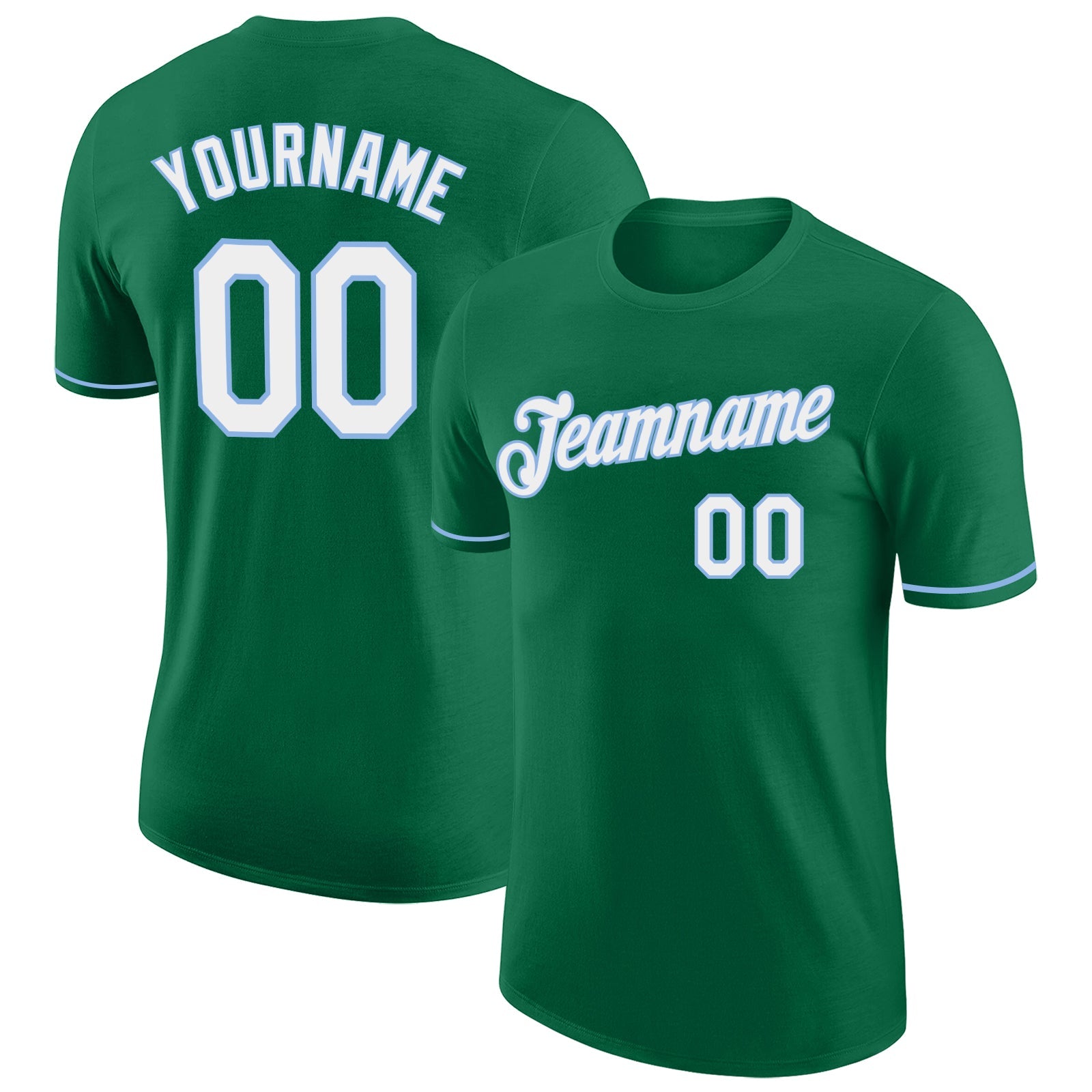 Custom Kelly Green White-Light Blue Performance T-Shirt - Main View