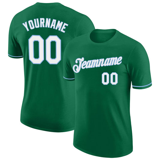 Custom Kelly Green White-Light Blue Performance T-Shirt - Main View