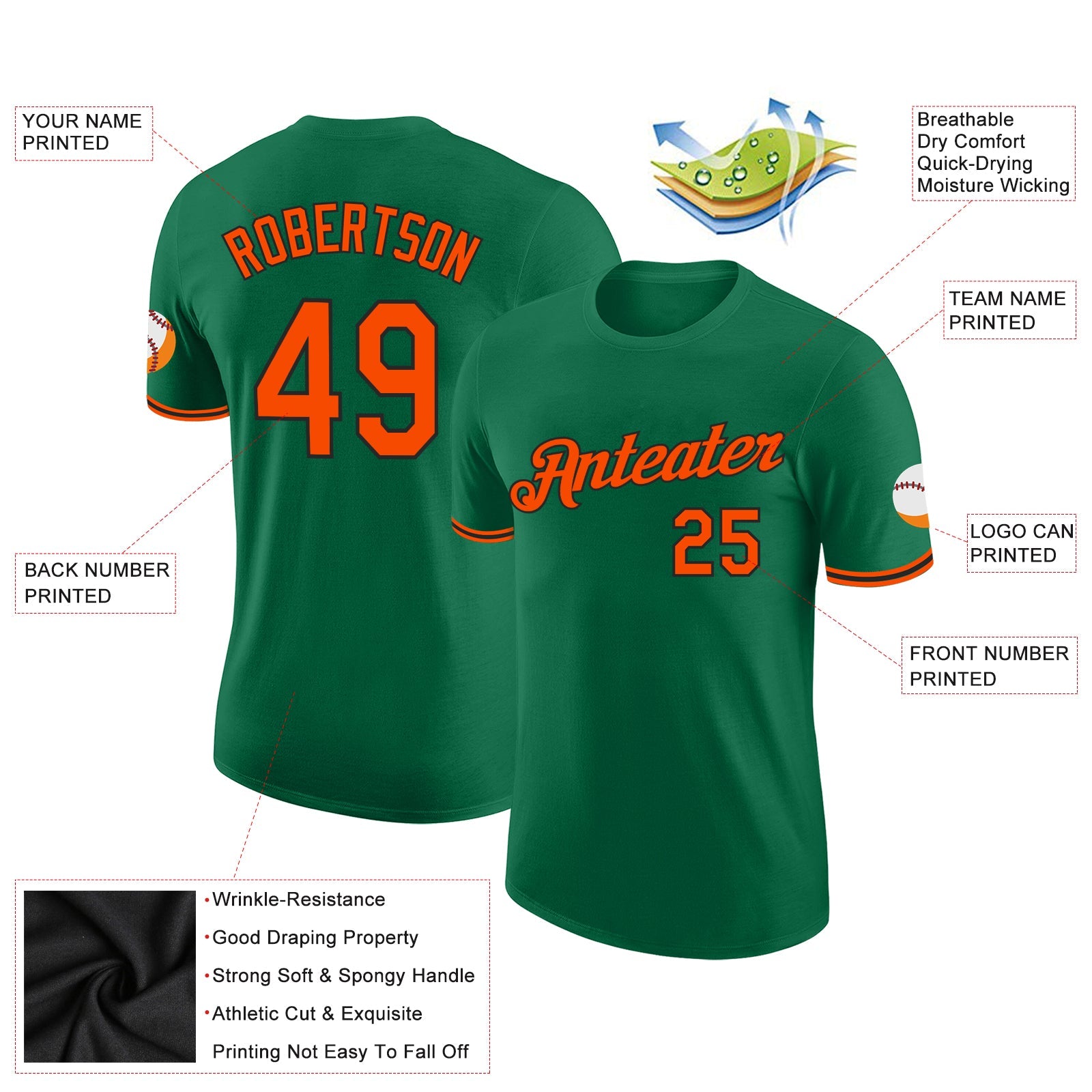 Custom Kelly Green Orange-Black Performance T-Shirt view 2