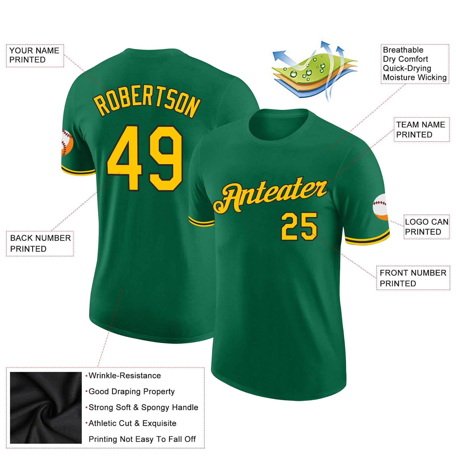 Custom Kelly Green Yellow-Black Performance T-Shirt view 2