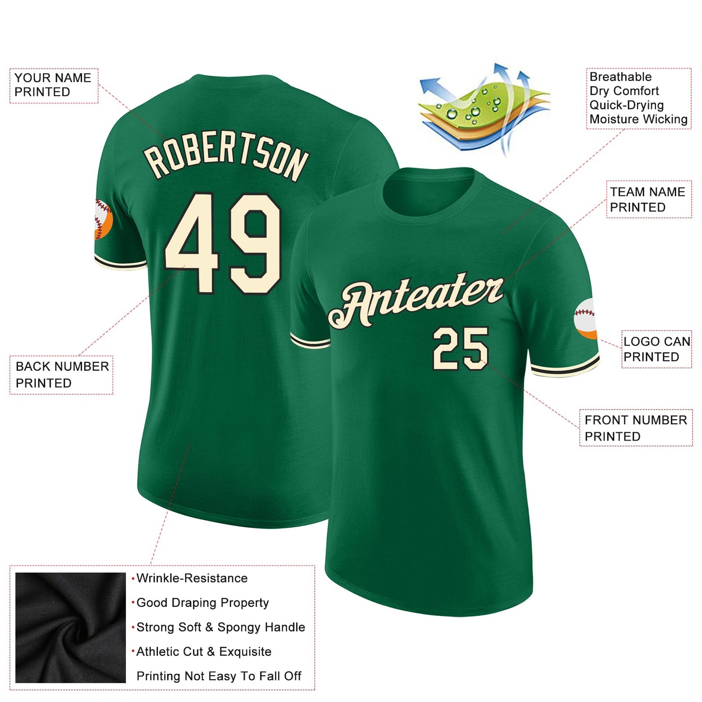 Custom Kelly Green Cream-Black Performance T-Shirt view 2