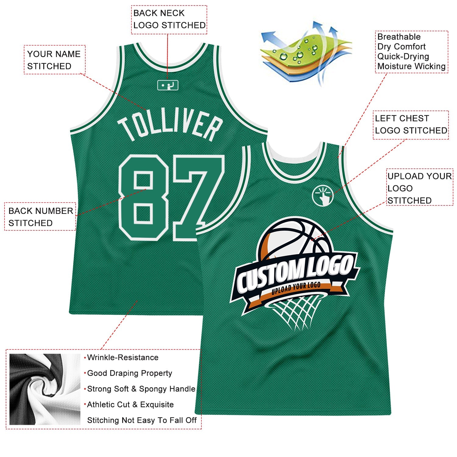 Custom Kelly Green White Authentic Throwback Basketball Jersey view 2