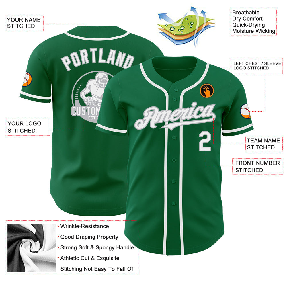 Custom Kelly Green White-Gray Authentic Baseball Jersey view 3