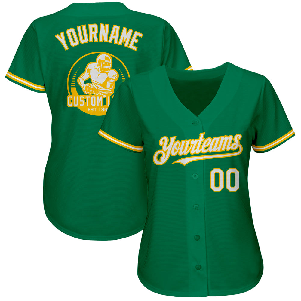 Custom Kelly Green White-Yellow Authentic Baseball Jersey view 2