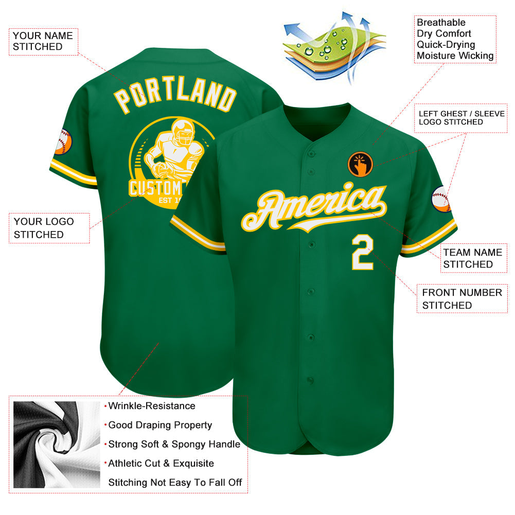 Custom Kelly Green White-Yellow Authentic Baseball Jersey view 3