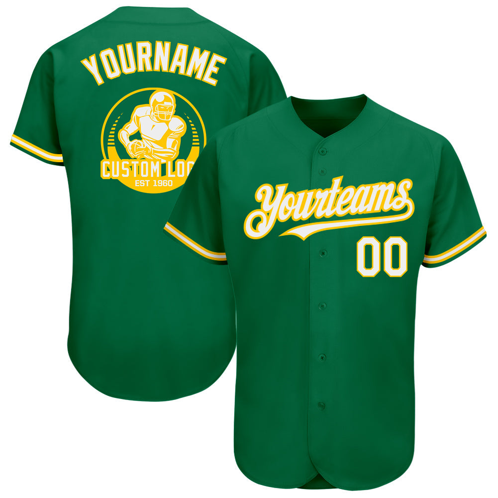 Custom Kelly Green White-Yellow Authentic Baseball Jersey - Main View