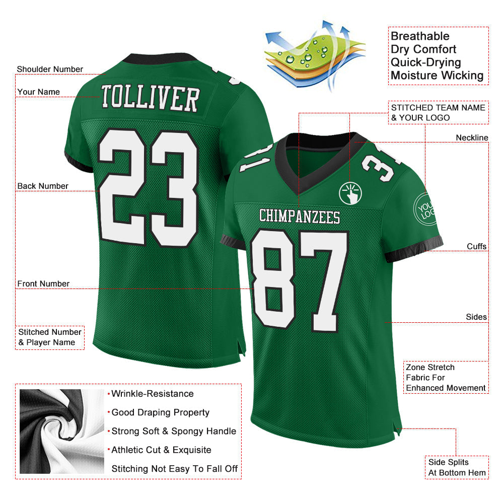 Custom Kelly Green White-Black Mesh Authentic Football Jersey view 2