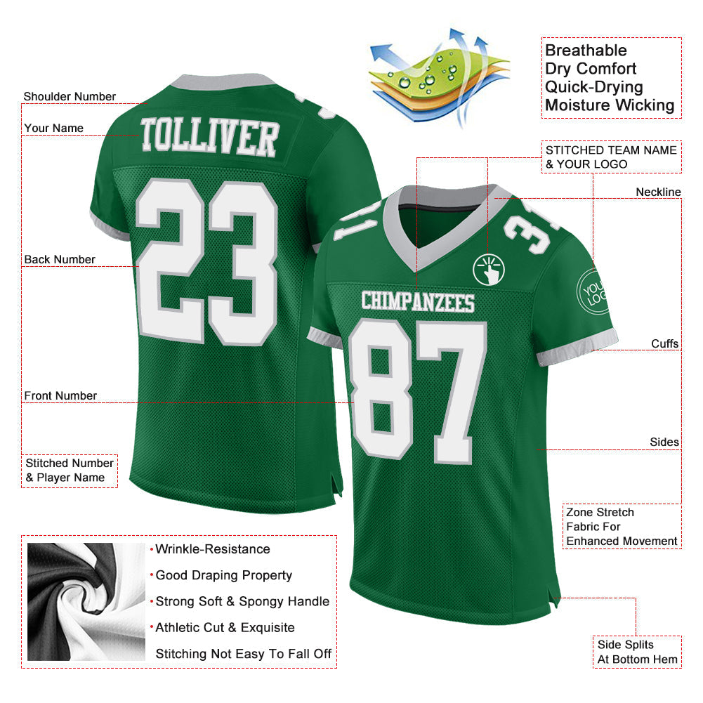 Custom Kelly Green White-Gray Mesh Authentic Football Jersey view 2