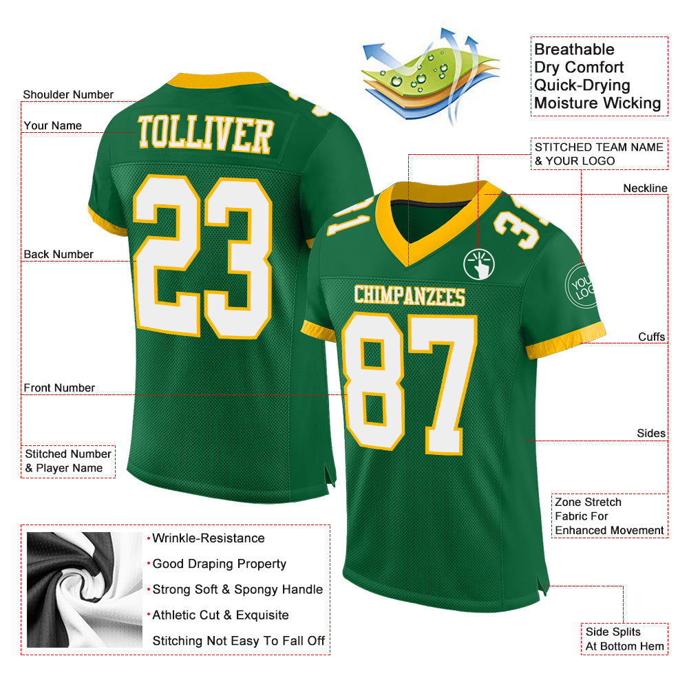 Custom Kelly Green White-Gold Mesh Authentic Football Jersey view 2