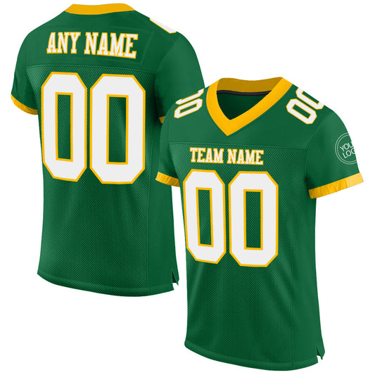 Custom Kelly Green White-Gold Mesh Authentic Football Jersey - Main View