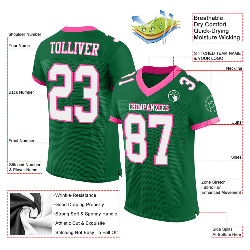 Custom Kelly Green White-Pink Mesh Authentic Football Jersey view 2
