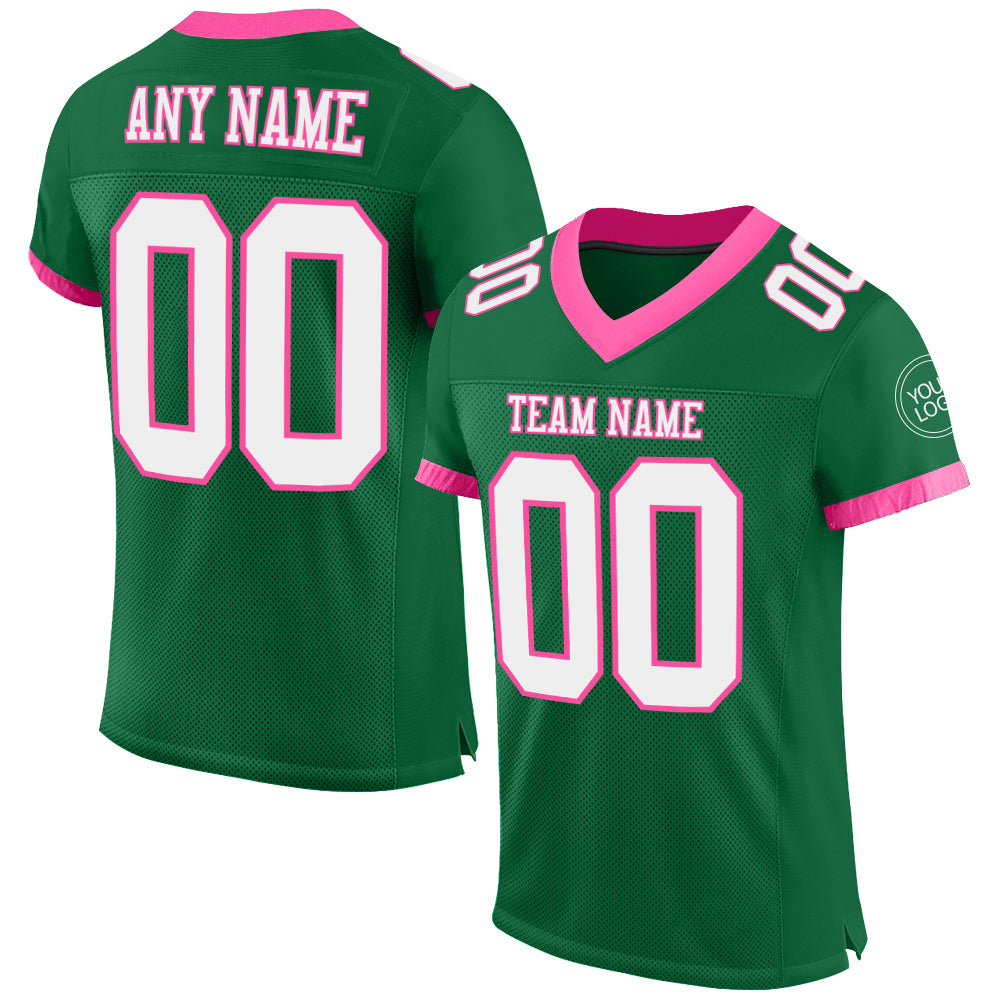 Custom Kelly Green White-Pink Mesh Authentic Football Jersey - Main View