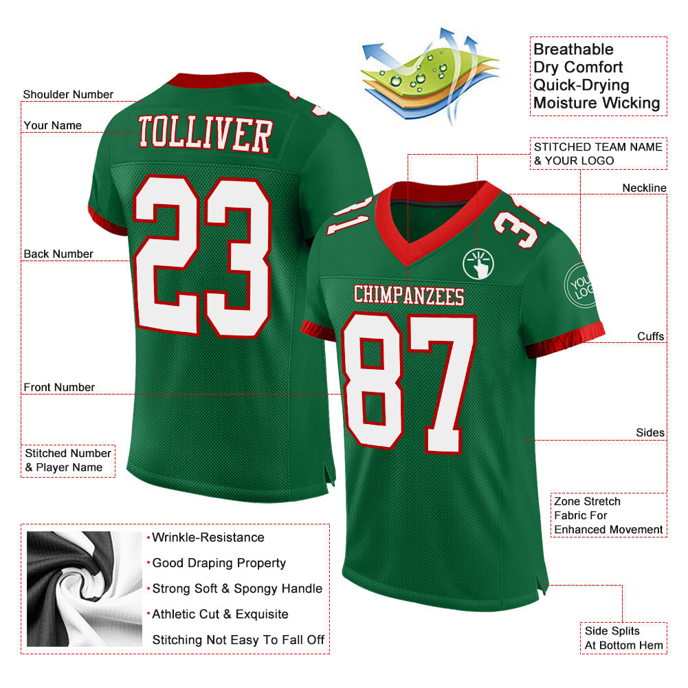 Custom Kelly Green White-Red Mesh Authentic Football Jersey view 2