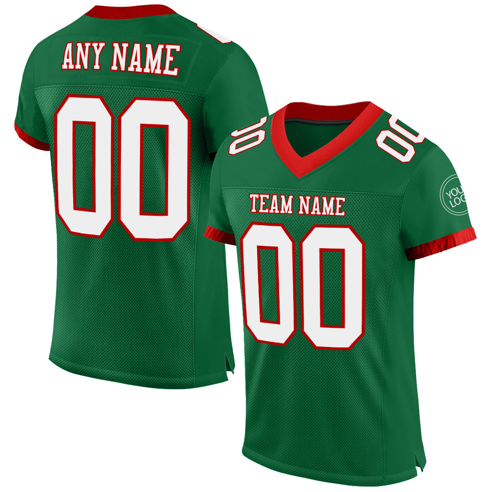 Custom Kelly Green White-Red Mesh Authentic Football Jersey - Main View