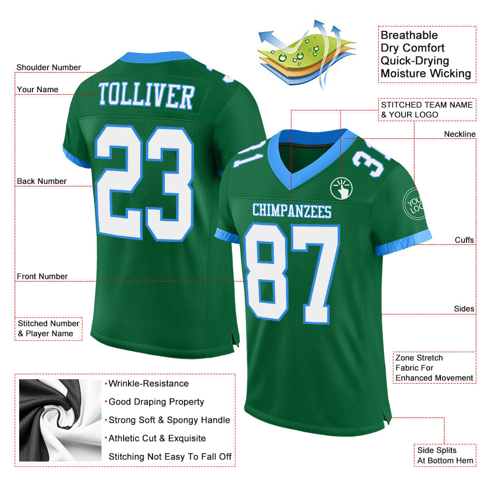 Custom Kelly Green White-Powder Blue Mesh Authentic Football Jersey view 2