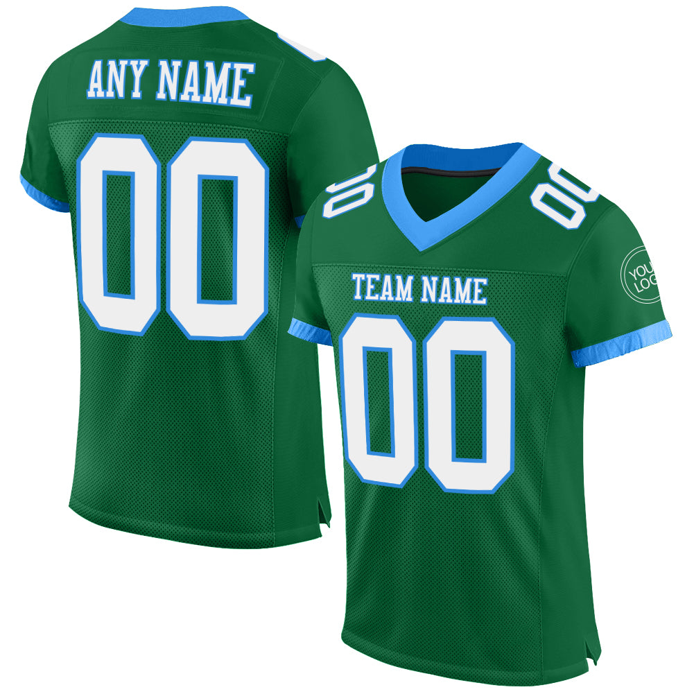 Custom Kelly Green White-Powder Blue Mesh Authentic Football Jersey - Main View
