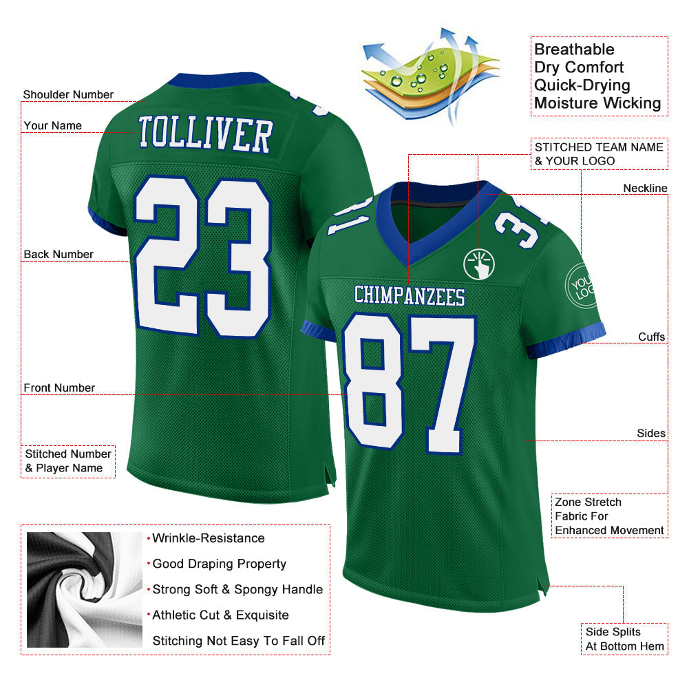 Custom Kelly Green White-Royal Mesh Authentic Football Jersey view 2