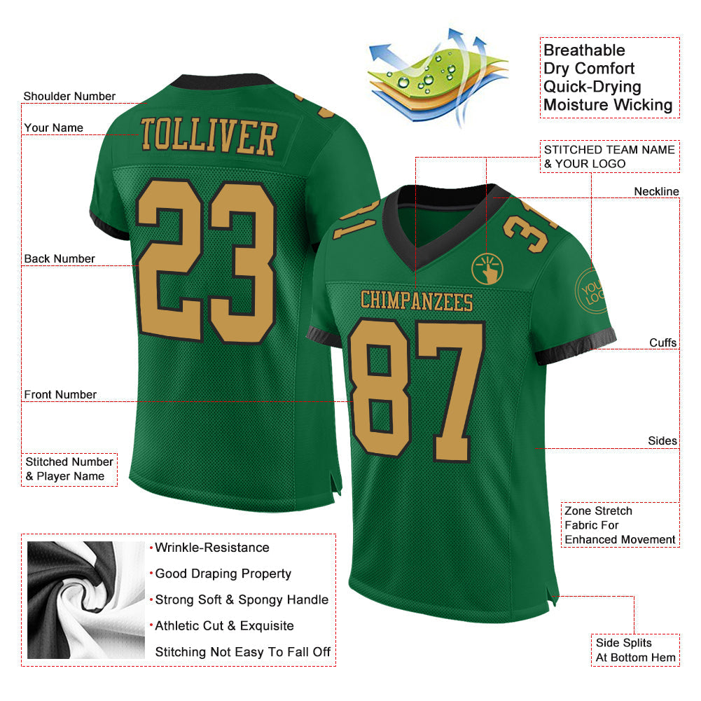 Custom Kelly Green Old Gold-Black Mesh Authentic Football Jersey view 2