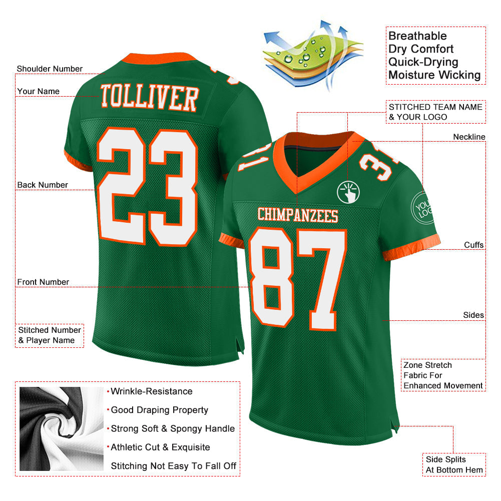 Custom Kelly Green White-Orange Mesh Authentic Football Jersey view 2